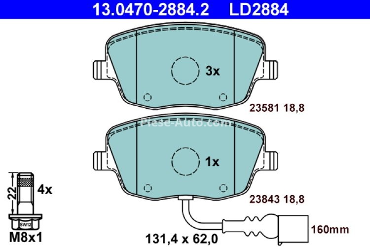 Set plăcuțe frână ATE din ceramică, față (cu șuruburi ghidare etrier), pentru: SEAT CORDOBA, IBIZA III; SKODA FABIA I, FABIA I PRAKTIK, FABIA II, ROOMSTER 1.0-2.0 12.95-