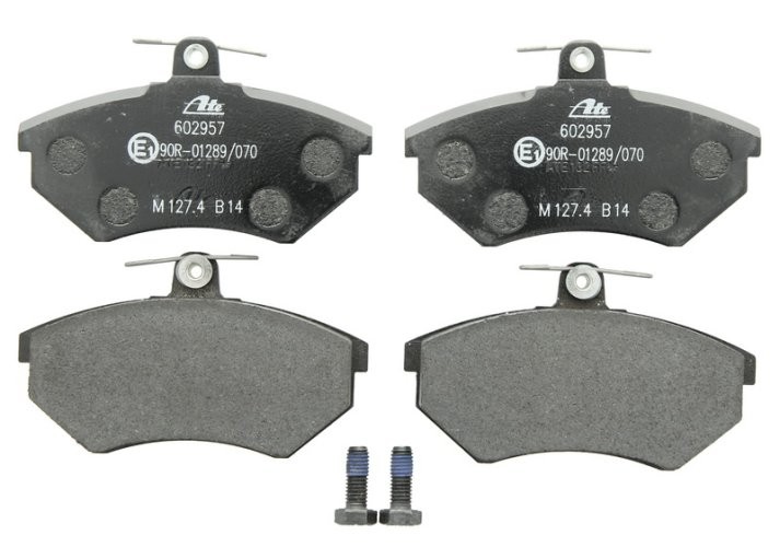 Set plăcuțe frână ATE, față (cu șuruburi ghidare etrier), pentru: SEAT CORDOBA, IBIZA II, TOLEDO I; VW CORRADO, GOLF II, GOLF III, JETTA II, PASSAT B2 1.0-2.8 01.81-10.02