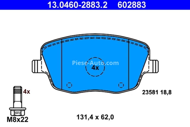 Set plăcuțe frână ATE, față (cu șuruburi ghidare etrier), pentru: SEAT CORDOBA, IBIZA III; SKODA FABIA I, FABIA I PRAKTIK, FABIA II, ROOMSTER, ROOMSTER PRAKTIK 1.0-2.0 12.95-