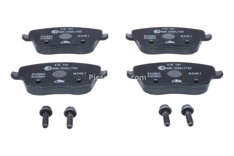 Set plăcuțe frână ATE, față (cu șuruburi ghidare etrier), pentru: SEAT CORDOBA, IBIZA III; SKODA FABIA I, FABIA I PRAKTIK, FABIA II, ROOMSTER, ROOMSTER PRAKTIK 1.0-2.0 12.95-