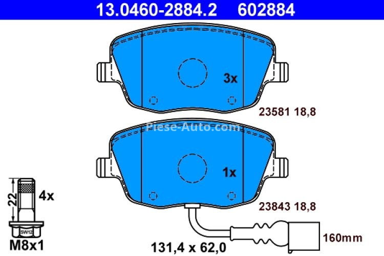 Set plăcuțe frână ATE, față (cu șuruburi ghidare etrier), pentru: SEAT CORDOBA, IBIZA III; SKODA FABIA I, FABIA I PRAKTIK, FABIA II, ROOMSTER, ROOMSTER PRAKTIK 1.0-2.0 12.95-