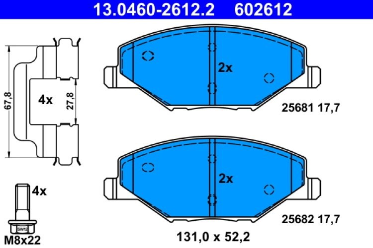 Set plăcuțe frână ATE, față (cu accesorii; cu șuruburi ghidare etrier), pentru: SKODA FABIA II; VW POLO V 1.2-1.9D 12.06-