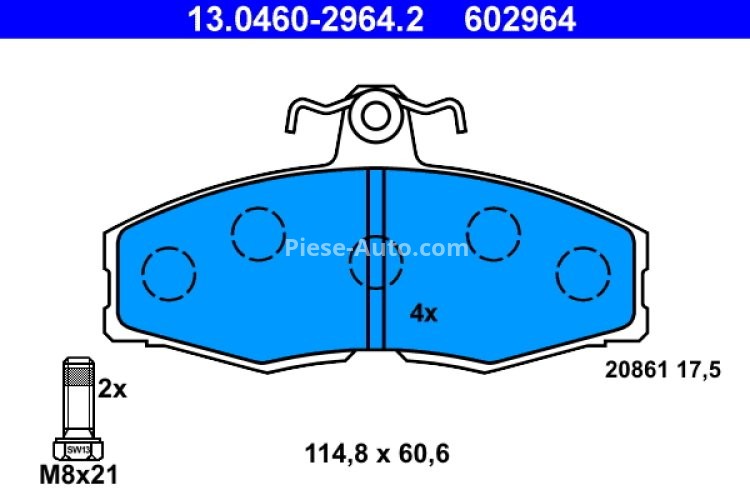Set plăcuțe frână ATE, față (cu șuruburi ghidare etrier), pentru: SKODA FAVORIT, FAVORIT FORMAN, FELICIA CUBE, FELICIA I, FELICIA II; VW CADDY II 1.3/1.6/1.9D 06.88-04.02