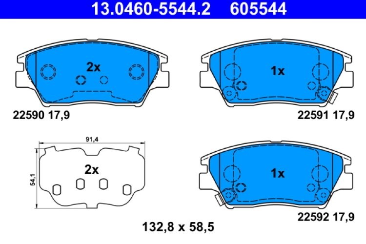 Set plăcuțe frână ATE, față (cu un tampon de amortizare), pentru: SSANGYONG TIVOLI, TIVOLI GRAND, XLV 1.5-1.6LPG 03.15-
