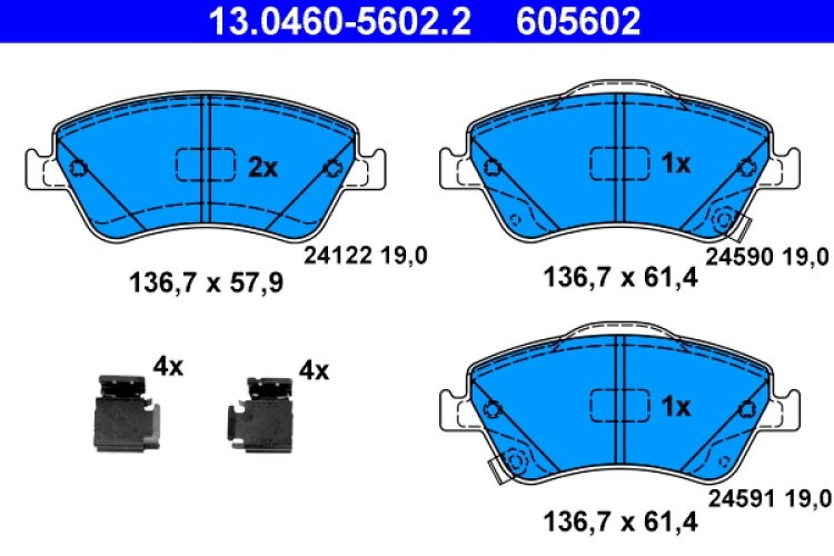 Set plăcuțe frână ATE, față (cu accesorii), pentru: TOYOTA AURIS, COROLLA 1.33-1.8H 10.06-07.14