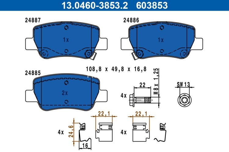 Set plăcuțe frână ATE, spate  (cu accesorii), pentru: TOYOTA AVENSIS 1.6-2.2D 11.08-10.18