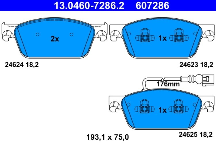 Set plăcuțe frână ATE, față , pentru: VW CALIFORNIA T5 CAMPER, CALIFORNIA T6 CAMPER, MULTIVAN T5, MULTIVAN T6, TRANSPORTER T5, TRANSPORTER T6, TRANSPORTER T6 / CARAVELLE T6 1.9D-Electric 04.03-