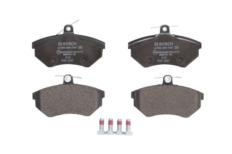 Set plăcuțe frână față , BOSCH, pentru: SEAT CORDOBA, CORDOBA VARIO, CORDOBA VARIO/KOMBI, IBIZA II, INCA, TOLEDO I; VW CADDY II, CADDY II/MINIVAN, CORRADO, GOLF II, GOLF III 1.0-2.9 02.86-01.04