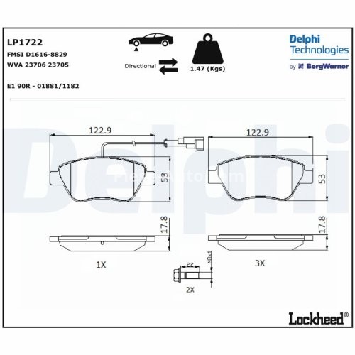 Set plăcuțe frână față, DELPHI , pentru:  ALFA ROMEO MITO; CITROEN NEMO, NEMO/MINIVAN; FIAT 500, 500 C, BRAVO II, DOBLO, DOBLO/MINIVAN 0.9-1.9D 10.01-