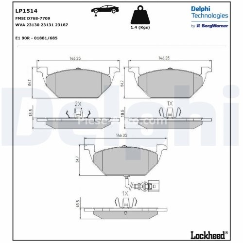 Set plăcuțe frână față, DELPHI , pentru: AUDI A2, A3; SEAT ALTEA, ALTEA XL, LEON, TOLEDO II, TOLEDO III; SKODA FABIA I, FABIA I PRAKTIK, FABIA II, OCTAVIA I, OCTAVIA II 1.2-2.5 09.96-