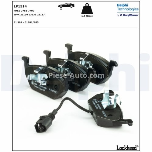 Set plăcuțe frână față, DELPHI , pentru: AUDI A2, A3; SEAT ALTEA, ALTEA XL, LEON, TOLEDO II, TOLEDO III; SKODA FABIA I, FABIA I PRAKTIK, FABIA II, OCTAVIA I, OCTAVIA II 1.2-2.5 09.96-
