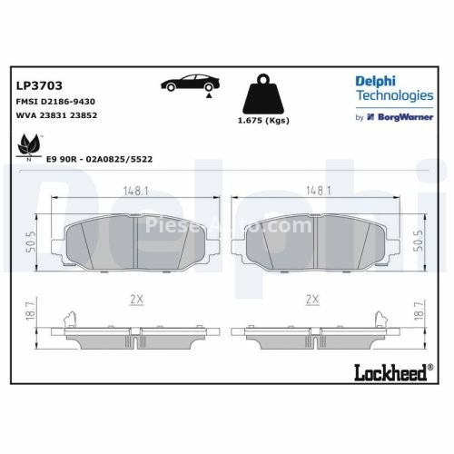 Set plăcuțe frână spate, DELPHI (cu un tampon de amortizare), pentru: JEEP WRANGLER IV 2.0-3.6 09.17-