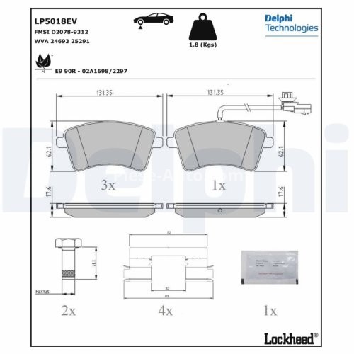 Set plăcuțe frână față, DELPHI (cu accesorii; cu un tampon de amortizare), pentru: RENAULT KANGOO BE BOP, KANGOO EXPRESS, KANGOO II 1.2-Electric 02.08-