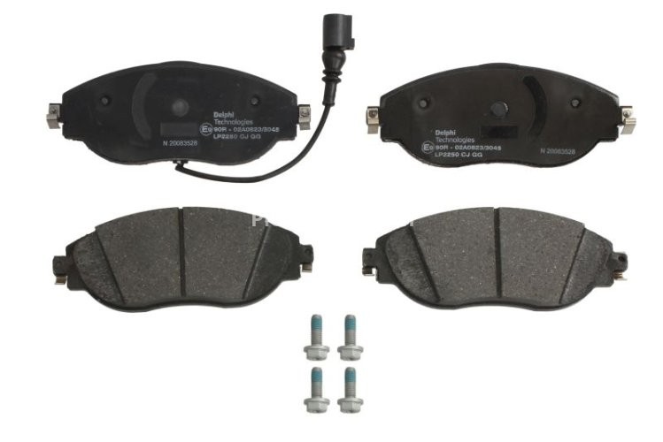 Set plăcuțe frână față, DELPHI (cu accesorii; cu un tampon de amortizare), pentru: SEAT ALHAMBRA; SKODA OCTAVIA III, SUPERB II; VW ARTEON, ARTEON SHOOTING BRAKE, CC B7, GOLF VIII 1.4-3.6 05.86-