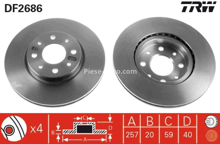 Disc frână TRW ,față, pentru: ALFA ROMEO 145, 146, 155; FIAT BARCHETTA, BRAVA, BRAVO I, DOBLO, DOBLO/MINIVAN, MAREA, PALIO, PUNTO, PUNTO/HATCHBACK, SIENA, STRADA 1.2-2.0 04.89-