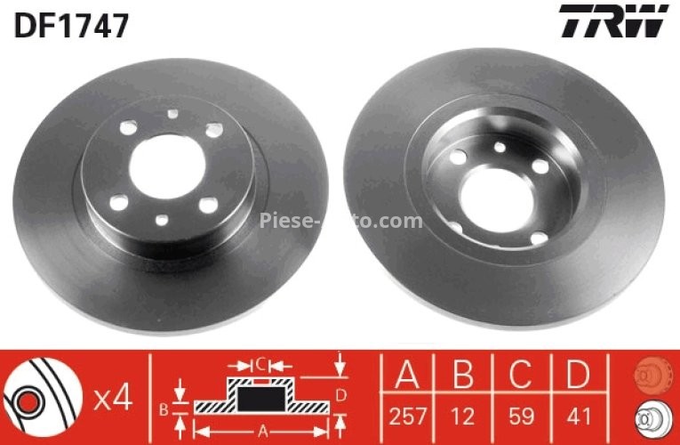 Disc frână TRW ,față, pentru: ALFA ROMEO 145, 146, 155; FIAT 500, BRAVA, BRAVO I, MAREA, PUNTO, PUNTO/HATCHBACK, TEMPRA, TIPO, UNO; LANCIA DEDRA, DELTA II, Y, Y10 0.9-2.0D 07.87-