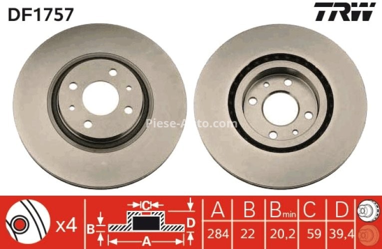 Disc frână TRW ,față, pentru: ALFA ROMEO 145, 146, 155; FIAT BRAVO II, COUPE, DOBLO, DOBLO/MINIVAN, MULTIPLA, PANDA, PUNTO, STILO, TIPO; LANCIA DEDRA, DELTA II 1.2-2.5 04.90-