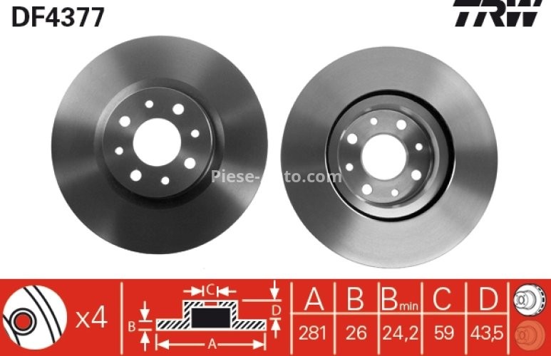 Disc frână TRW ,față, pentru: ALFA ROMEO MITO; FIAT BRAVO II, STILO, TIPO; LANCIA DELTA III 0.9-2.4 01.88-10.18