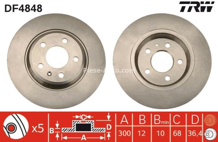 Disc frână TRW ,spate, pentru: AUDI A4 ALLROAD B8, A4 B8, A5, A6 ALLROAD C7, A6 C7, A7, Q5 1.8-4.2 06.07-09.18