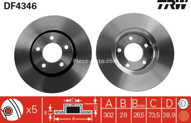 Disc frână TRW ,față, pentru: CHRYSLER RAM, VOYAGER III, VOYAGER IV; DODGE CARAVAN 2.4-3.8 01.95-07.09