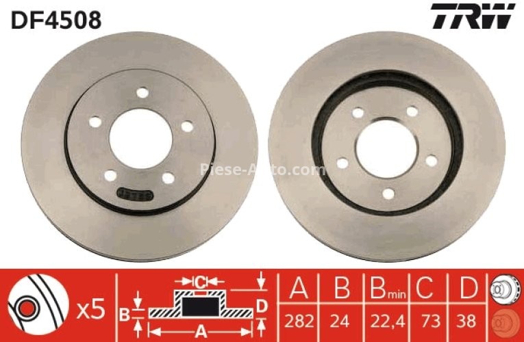 Disc frână TRW ,față, pentru: CHRYSLER VOYAGER III; DODGE CARAVAN; PLYMOUTH VOYAGER 2.0-3.8 01.95-12.07