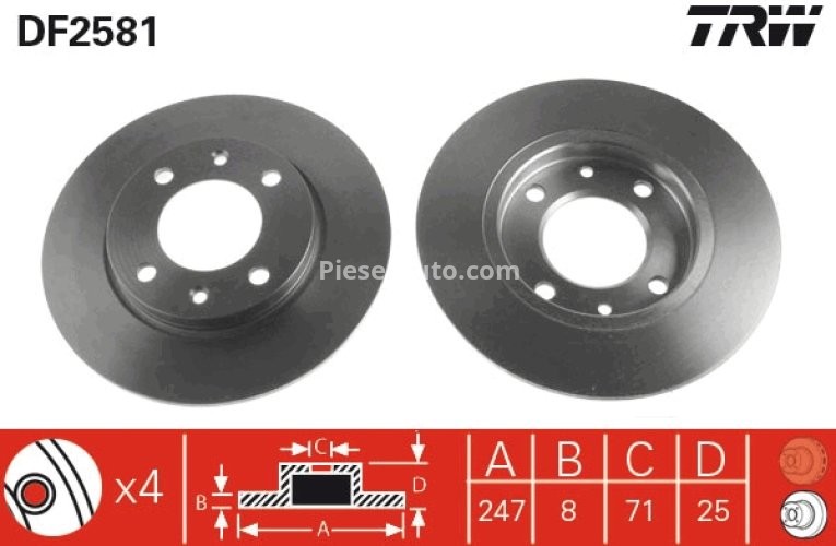 Disc frână TRW ,spate, pentru: CITROEN SAXO, XSARA, XSARA/HATCHBACK, ZX; PEUGEOT 106 II, 106 II/HATCHBACK, 206, 306, 309 I 1.0-2.0D 03.86-