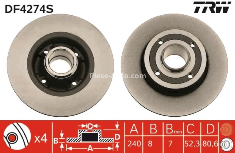 Disc frână TRW ,spate, (nici un inel al transmitatorului de impuls ABS) pentru: DACIA SANDERO II; NISSAN NOTE; RENAULT CLIO III, CLIO III/HATCHBACK, MEGANE I 0.9LPG-2.0 03.99-
