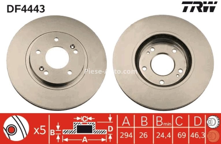 Disc frână TRW ,față, pentru: DODGE CALIBER; HYUNDAI SANTA FÉ I, TUCSON; KIA SPORTAGE II; MITSUBISHI OUTLANDER II 1.8-2.7 02.01-