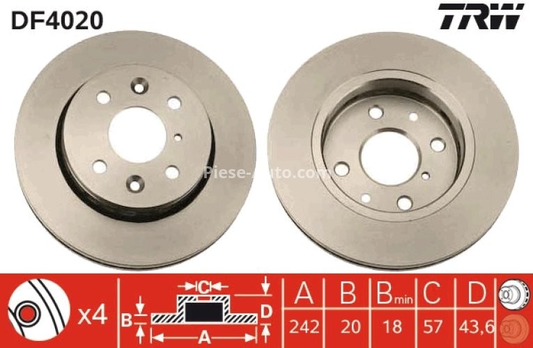 Disc frână TRW ,față, pentru: FIAT PANDA; KIA SEPHIA, SEPHIA II, SHUMA, SHUMA I, SHUMA II; OPEL ASTRA F 1.3D-1.8 09.91-