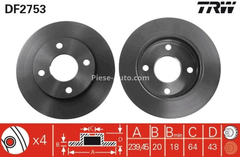 Disc frână TRW ,față, pentru: FORD COURIER, ESCORT CLASSIC, ESCORT V, ESCORT V EXPRESS, ESCORT VI, ESCORT VI/KOMBI, FIESTA III, FIESTA IV, FIESTA/HATCHBACK 1.0-1.8D 01.89-11.08