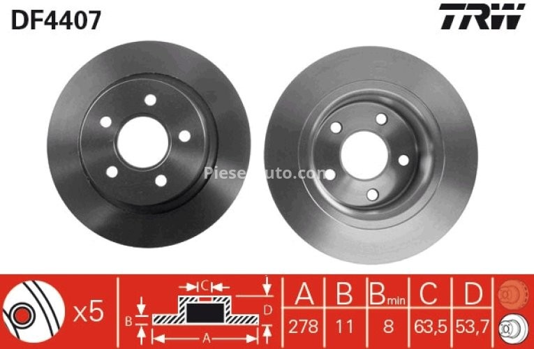 Disc frână TRW ,spate, pentru: FORD TOURNEO CONNECT, TRANSIT CONNECT 1.8/1.8D 06.02-12.13