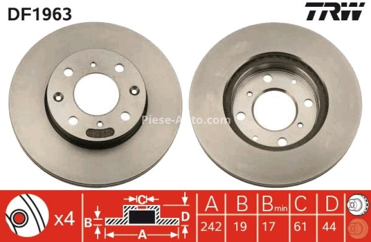 Disc frână TRW ,față, pentru: HONDA CIVIC II, CIVIC IV, CIVIC V, CRX II, CRX III, INTEGRA 1.4/1.5/1.6 01.85-12.98