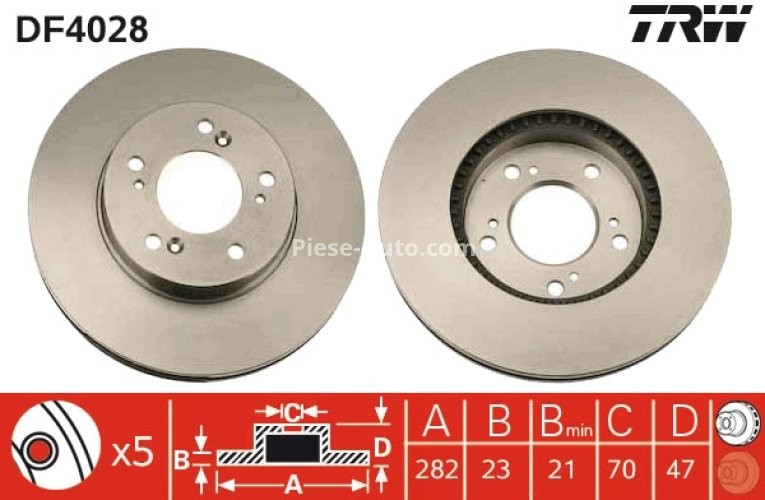 Disc frână TRW ,față, pentru: HONDA CR-V I, HR-V, INTEGRA, LEGEND III, ODYSSEY, PILOT, PRELUDE V, SHUTTLE, STEPWGN 1.6-3.5 01.92-