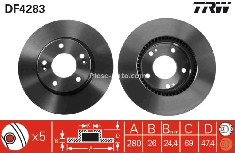 Disc frână TRW ,față, pentru: HYUNDAI COUPE I, COUPE II, I30, IX20, SONATA V, SONATA VI, TIBURON, TUCSON, TUCSON/SUV; KIA CARENS II, CARENS III, CEE'D, CERATO II 1.4-2.7 08.96-