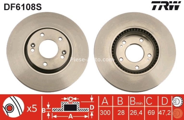 Disc frână TRW ,față, pentru: HYUNDAI CRETA, I30, I40 I, I40 I CW, IX35, SONATA V, SONATA VI, TUCSON, TUCSON/SUV; KIA CARENS IV, OPTIMA, SPORTAGE II, SPORTAGE III 1.4-3.3 06.04-