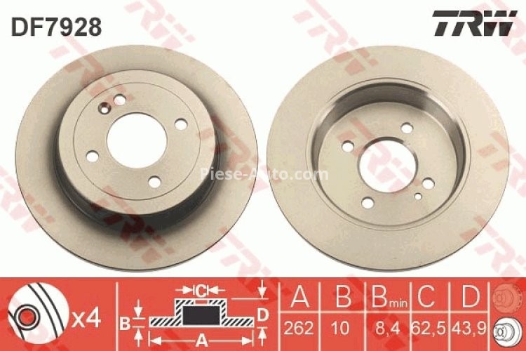 Disc frână TRW ,spate, pentru: HYUNDAI ACCENT IV, ACCENT V, BAYON, I20 ACTIVE, I20 I, I20 II, I20 III, SOLARIS; KIA RIO III, RIO IV, STONIC 1.0-1.6D 09.08-