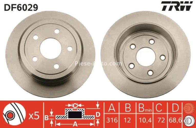 Disc frână TRW ,spate, pentru: JEEP WRANGLER III 2.8D/3.6/3.8 04.07-