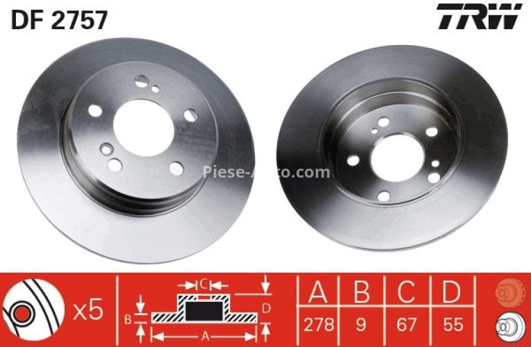 Disc frână TRW ,spate, pentru: MERCEDES 124 T-MODEL (S124), 124 (W124), C (CL203), C T-MODEL (S202), C (W202), C (W203), CLC (CL203), CLK (A208), CLK (A209) 1.6-6.0 09.85-06.11