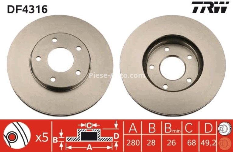 Disc frână TRW ,față, pentru: NISSAN ALMERA TINO, MAXIMA / MAXIMA QX IV, MAXIMA / MAXIMA QX V, PRAIRIE LIBERTY, PRIMERA, X-TRAIL I, X-TRAIL II 1.6-3.0 10.97-