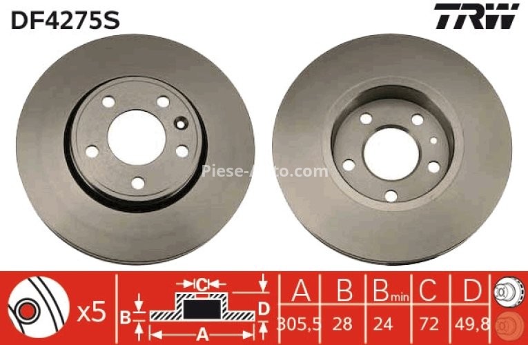 Disc frână TRW ,față, pentru: NISSAN PRIMASTAR; OPEL VIVARO A; RENAULT TRAFIC II 1.9D-2.5D 02.01-