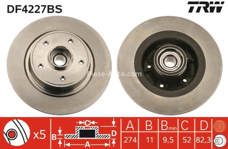 Disc frână TRW cu rulment ,spate, (cu inel ABS) pentru: RENAULT GRAND SCENIC II, LAGUNA II, LATITUDE 1.6-3.0 03.01-