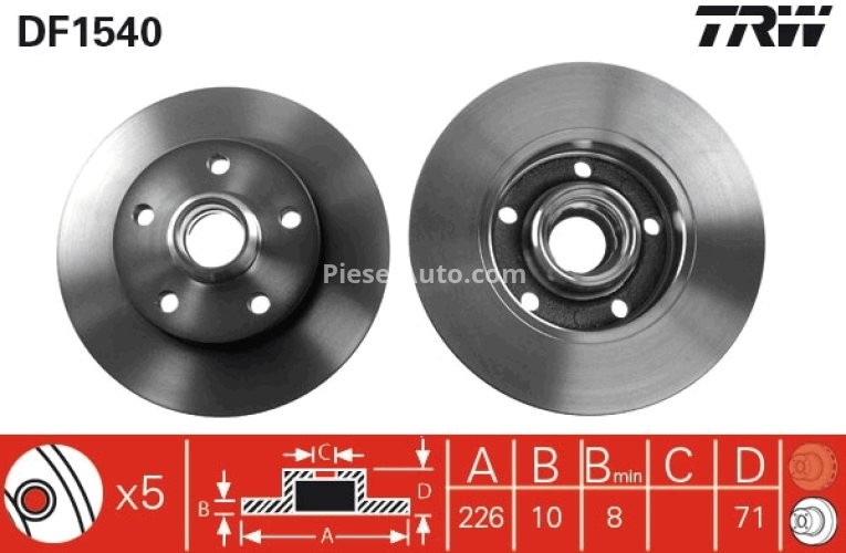 Disc frână TRW ,spate, pentru: SEAT IBIZA II, TOLEDO I; VW CORRADO, GOLF II, GOLF III, PASSAT B3/B4, VENTO 1.6-2.9 08.88-02.02