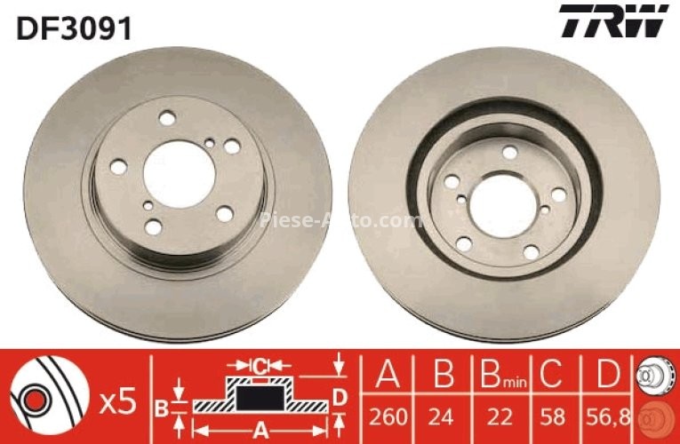 Disc frână TRW ,față, pentru: SUBARU IMPREZA, LEGACY I, LEGACY II, LEGACY III, SVX 1.5-3.3 01.89-03.12