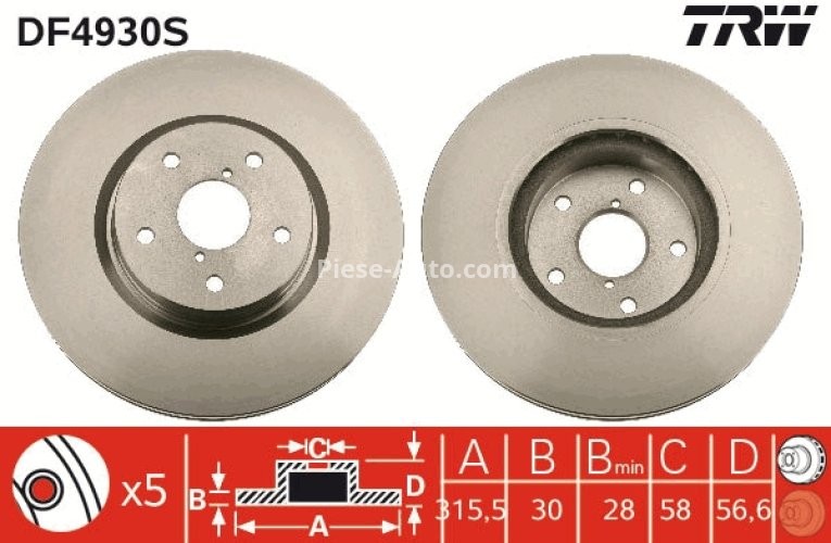Disc frână TRW ,față, pentru: SUBARU LEGACY VI, LEVORG, OUTBACK, TRIBECA 1.6-3.6 01.05-