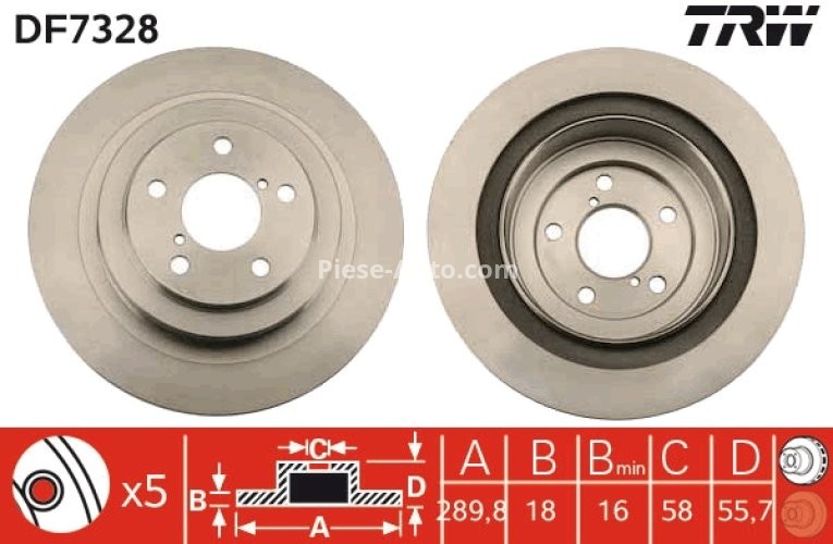 Disc frână TRW ,spate, pentru: SUBARU FORESTER, IMPREZA, LEGACY IV, LEGACY V, OUTBACK 2.0-3.0 12.00-12.14