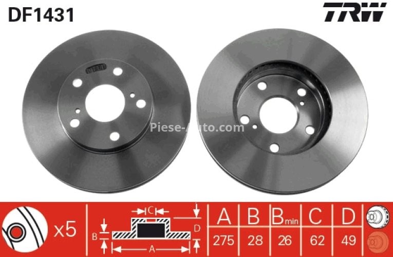 Disc frână TRW ,față, pentru: TOYOTA AVENSIS VERSO, CAMRY, GAIA, ISIS, NADIA, NOAH/VOXY, PREVIA II, SOLARA 1.8-3.0 06.91-08.14