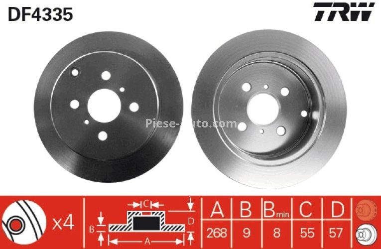 Disc frână TRW ,spate, pentru: TOYOTA BB I, COROLLA, COROLLA VERSO, IST, VIOS / SOLUNA VIOS, YARIS, YARIS VERSO 1.0-2.0D 04.99-03.08