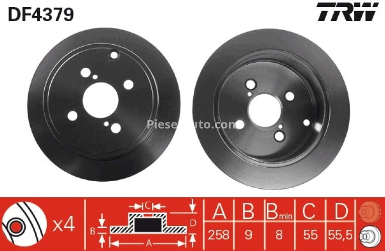 Disc frână TRW ,spate, pentru: TOYOTA COROLLA, COROLLA VERSO, VIOS / SOLUNA VIOS, YARIS, YARIS VERSO 1.0-2.0D 04.99-03.08