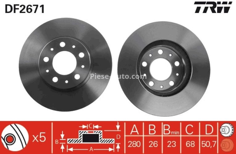 Disc frână TRW ,față, pentru: VOLVO 850, 940, 940 II, 960 II, C70 I, S70, S90 I, V70 I, V90 I, XC70 I 2.0-2.9 08.90-10.05
