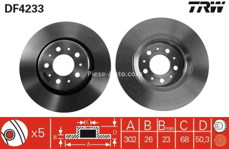 Disc frână TRW ,față, pentru: VOLVO 850, C70 I, S70, V70 I, XC70 I 2.0-2.5D 02.93-10.05